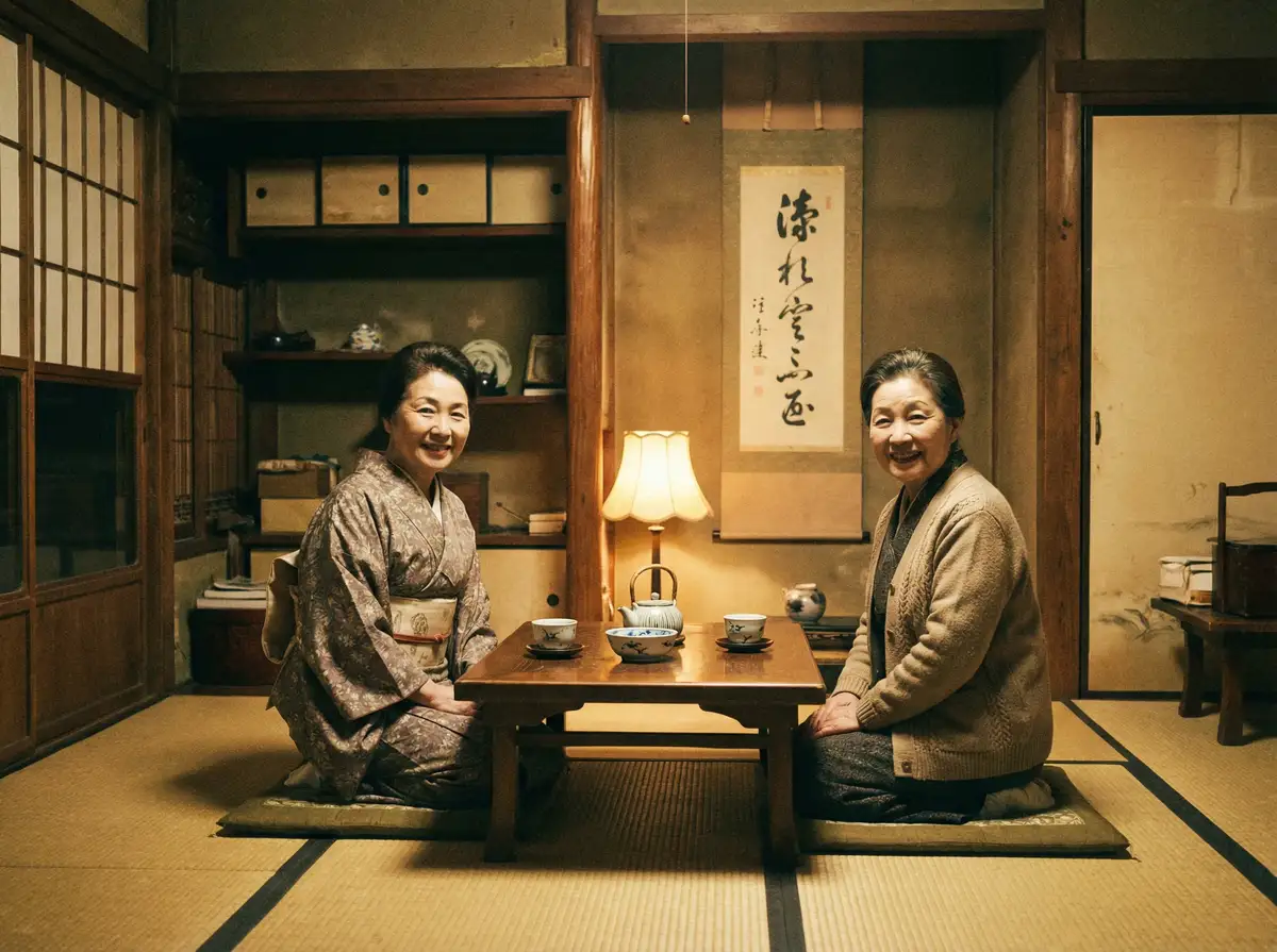 两位优雅的 小桃酱 在日式茶室中品茶交谈
